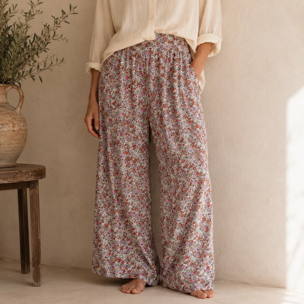 ROXY | Red Pink‎ Ditsy Floral Wide Leg Flowy Pull-On Pants Gauze | XL